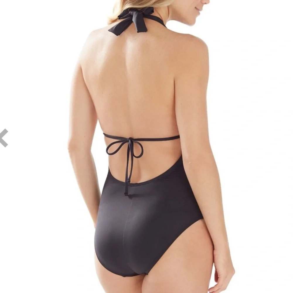 LA BLANCA Catalonia One-Piece Tummy Control Ruched Embroidered Halter Sw… - Picture 3 of 15